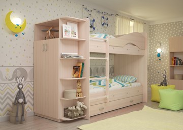 Двухъярусная детская кровать Мая на щитах со шкафом и ящиками, цвет Млечный дуб в Выборге