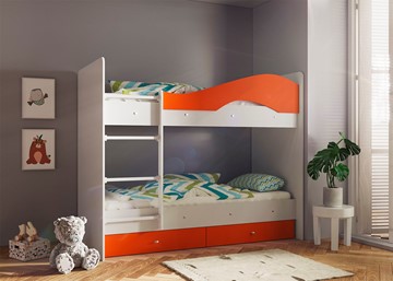 Детская 2-х ярусная кровать Мая с 2 ящиками на щитах, корпус Млечный дуб, фасад Оранжевый в Санкт-Петербурге