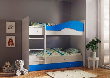 Детская 2-ярусная кровать Мая с 2 ящиками на щитах, корпус Млечный дуб, фасад Синий в Выборге