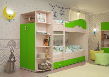 Детская 2-этажная кровать ТМК Мая на щитах со шкафом и ящиками, корпус Млечный дуб, фасад Салатовый в Санкт-Петербурге