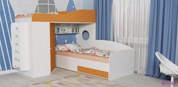Детская кровать-чердак Кадет-2 с металлической лестницей, корпус Белое дерево, фасад Оранжевый в Санкт-Петербурге