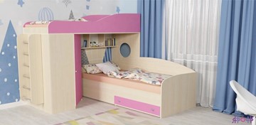 Детская кровать-шкаф Кадет-2 с металлической лестницей, корпус Дуб, фасад Розовый в Санкт-Петербурге