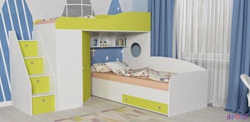 Детская кровать-шкаф Кадет-2 с универсальной лестницей, корпус Белое дерево, фасад Лайм в Санкт-Петербурге