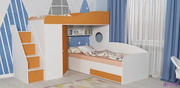 Детская кровать-шкаф Кадет-2 с универсальной лестницей, корпус Белое дерево, фасад Оранжевый в Санкт-Петербурге