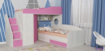 Детская кровать-шкаф Кадет-2 с универсальной лестницей, корпус Винтерберг, фасад Розовый в Санкт-Петербурге