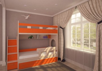 Двухэтажная кровать Ярофф Юниор-1 с бортом, каркас Дуб, фасад Оранжевый в Санкт-Петербурге