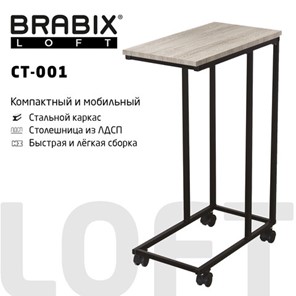 Столик журнальный BRABIX "LOFT CT-001", 450х250х680 мм, на колёсах, металлический каркас, цвет дуб антик, 641860 в Санкт-Петербурге