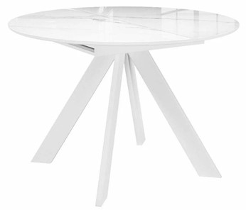 Стеклянный обеденный стол раздвижной DikLine SFC110 d1100 стекло Оптивайт Белый мрамор/подстолье белое/опоры белые в Санкт-Петербурге