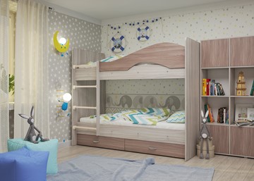 Детская двухэтажная кровать Мая с 2 ящиками на щитах, корпус Шимо светлый, фасад Шимо темный в Санкт-Петербурге - предосмотр