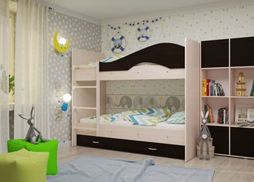 Детская  двухъярусная кровать Мая с 2 ящиками на щитах, корпус Млечный дуб, фасад Венге в Санкт-Петербурге - предосмотр 1
