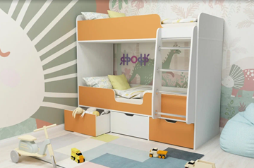 Детская двухэтажная кровать Малыш двойняшка 70х160, корпус Белое дерево, фасад Оранжевый в Санкт-Петербурге