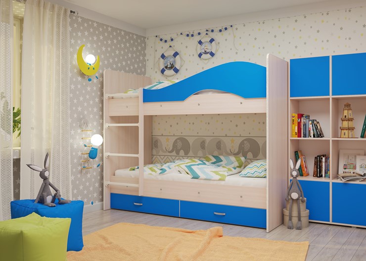 Двухэтажная детская кровать Мая на щитах, корпус Млечный дуб, фасад Синий в Санкт-Петербурге - изображение 1
