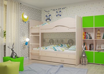 Двухъярусная детская кровать Мая на щитах со шкафом и ящиками, цвет Млечный дуб в Санкт-Петербурге - предосмотр 1