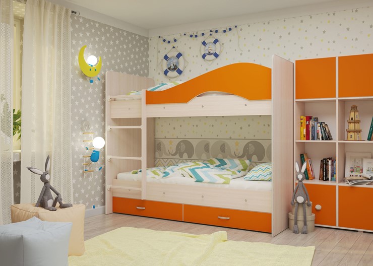 Детская 2-х ярусная кровать Мая с 2 ящиками на щитах, корпус Млечный дуб, фасад Оранжевый в Санкт-Петербурге - изображение 3