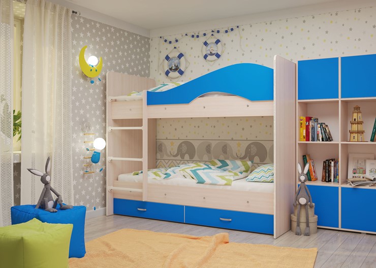 Детская 2-ярусная кровать Мая с 2 ящиками на щитах, корпус Млечный дуб, фасад Синий в Санкт-Петербурге - изображение 3