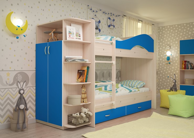 Детская 2-ярусная кровать Мая с 2 ящиками на щитах, корпус Млечный дуб, фасад Синий в Санкт-Петербурге - изображение 1