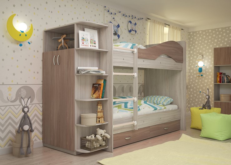 Детская двухэтажная кровать Мая с 2 ящиками на щитах, корпус Шимо светлый, фасад Шимо темный в Санкт-Петербурге - изображение 1