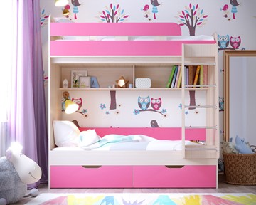 Двухэтажная детская кровать Юниор-5, каркас Дуб, фасад Розовый в Санкт-Петербурге - предосмотр