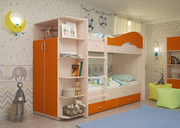 Кровать 2-ярусная Мая на щитах со шкафом и ящиками, корпус Млечный дуб, фасад Оранжевый в Санкт-Петербурге
