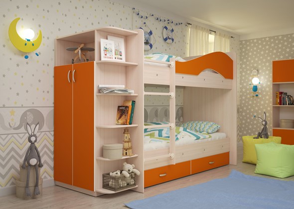 Кровать 2-ярусная Мая на щитах со шкафом и ящиками, корпус Млечный дуб, фасад Оранжевый в Санкт-Петербурге - изображение