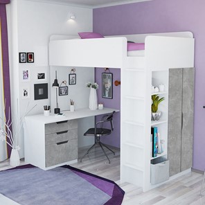 Кровать детская с письменным столом и шкафом POLINI Kids Simple Белый / Бетон в Санкт-Петербурге - предосмотр 1