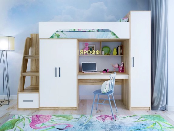 Кровать-чердак детская с шкафом Тея, каркас Ясень, фасад Белый в Санкт-Петербурге - изображение
