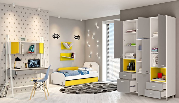 Комплект мебели для детской POLINI Kids Mirum №1 Белый / Серый / Желтый в Санкт-Петербурге - изображение