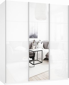 Шкаф трехдверный Прайм (Белое стекло/Зеркало/Белое стекло) 1800x570x2300, белый снег в Санкт-Петербурге