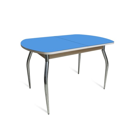 Кухонный раздвижной стол ПГ-01 СТ2, дуб молочный/синие стекло/35 хром гнутые металл в Санкт-Петербурге - изображение 1