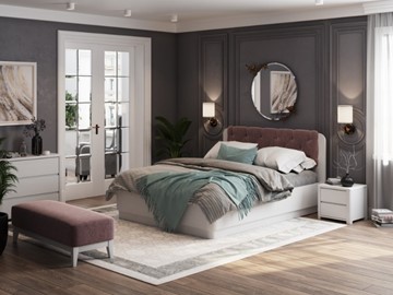 Двуспальная кровать с механизмом Wood Home 1 200х200, Белая эмаль (сосна) с брашированием/Бентлей Нежно-лиловый в Санкт-Петербурге