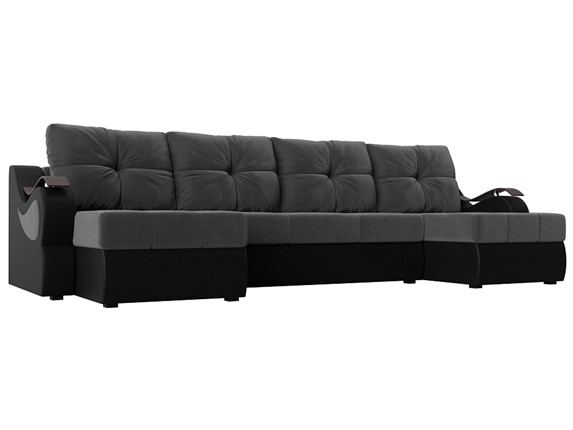 П-образный диван Меркурий П, Серый\Черный (Велюр\Экокожа) в Санкт-Петербурге - изображение